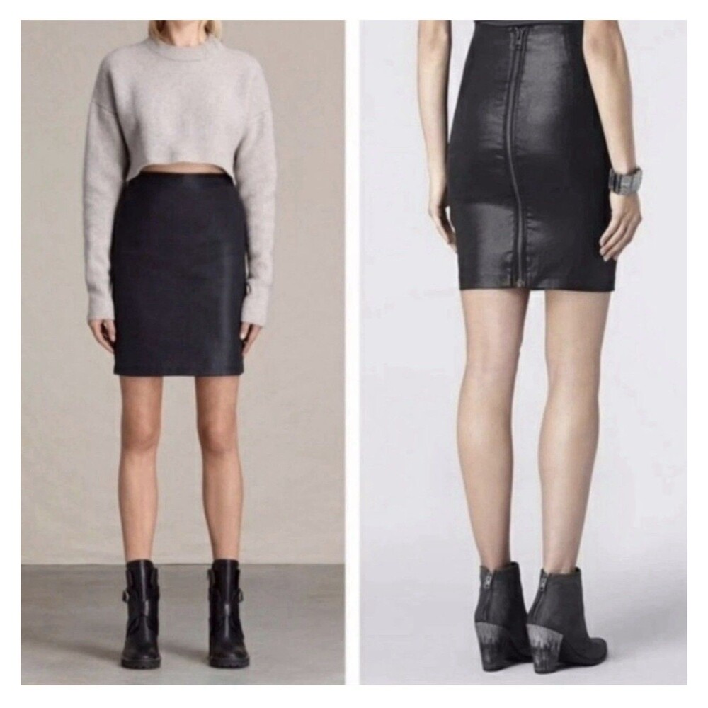 AllSaints Black Metal Coated Knee Length Pencil Skirt Size 8 Dark Academia